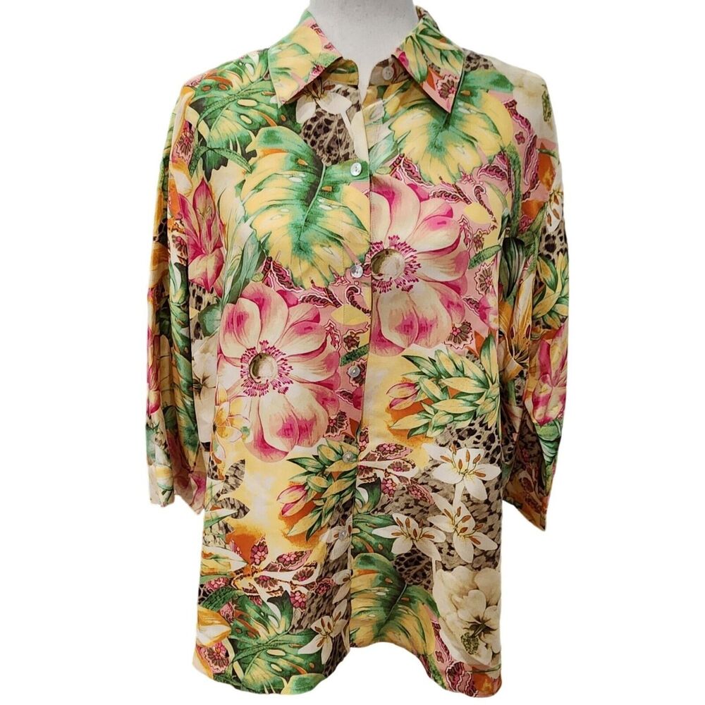 Vintage Womens Tropical‎ Floral Silk Blouse Top Shirt Summer Fun Festive 1X NEW